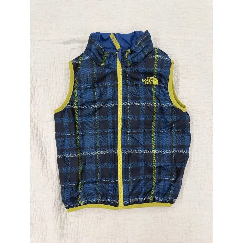The North Face Reversible Full Zip Puffer Vest Plaid Blue Green 4T